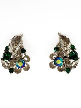Vintager Lisner Green Rhinestone Flower Earrings